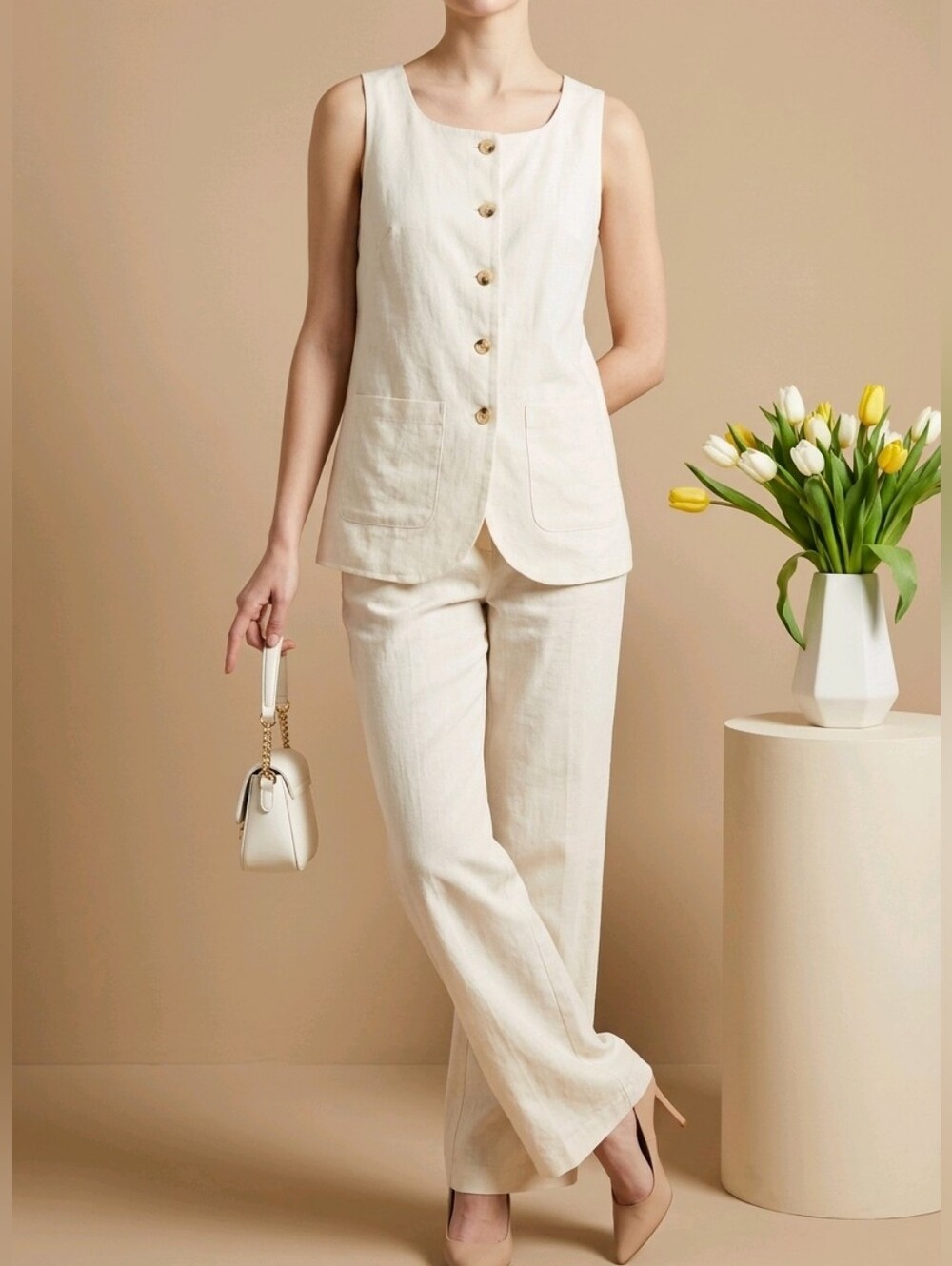 Anthropologie Maeve Cream Sleeveless Button-Front Linen Tunic